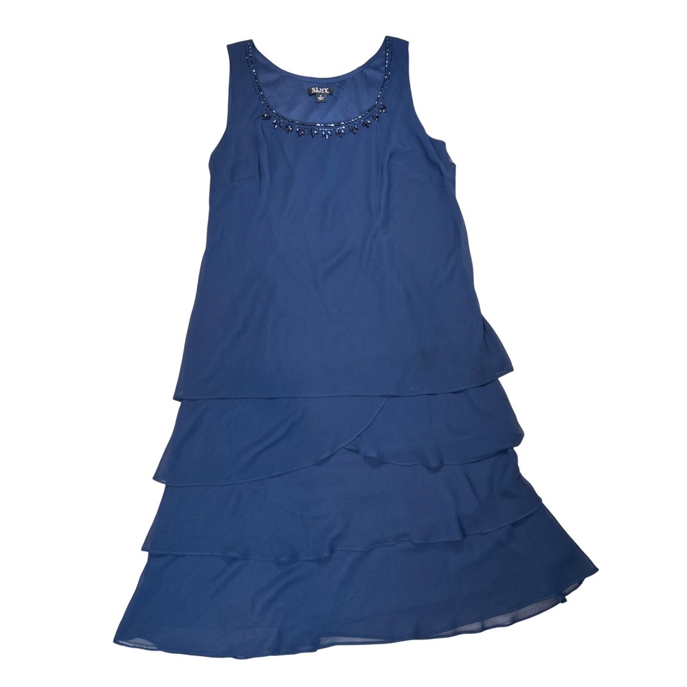 SLNY Womens Navy Blue Beaded Neckline Chiffon Tiered Ruffle Dress Size 8